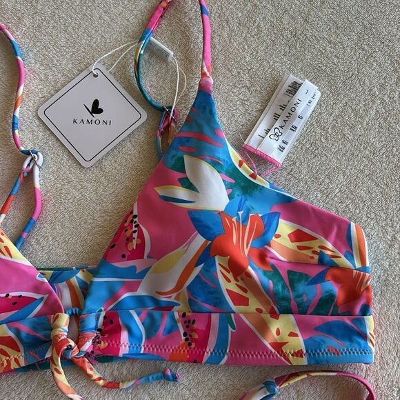 NWT Kamoni Pink Floral V Neck Tie‎ Front High Leg Cut Mid Cheeky Bikini Large - Picture 5 of 12